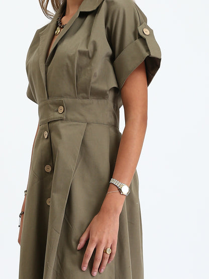 Gabardine Shirt-Style Belted Midi Dress - Olive