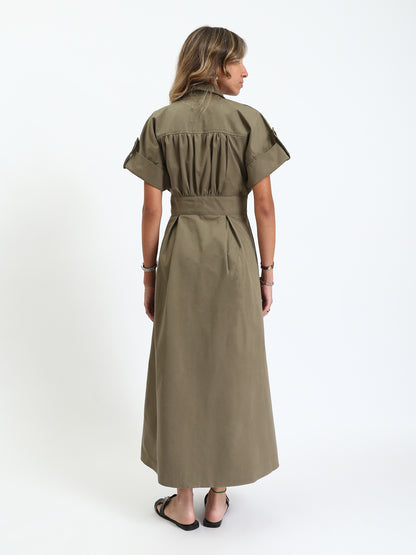 Gabardine Shirt-Style Belted Midi Dress - Olive