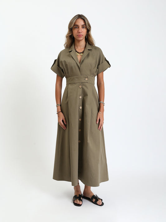 Gabardine Shirt-Style Belted Midi Dress - Olive