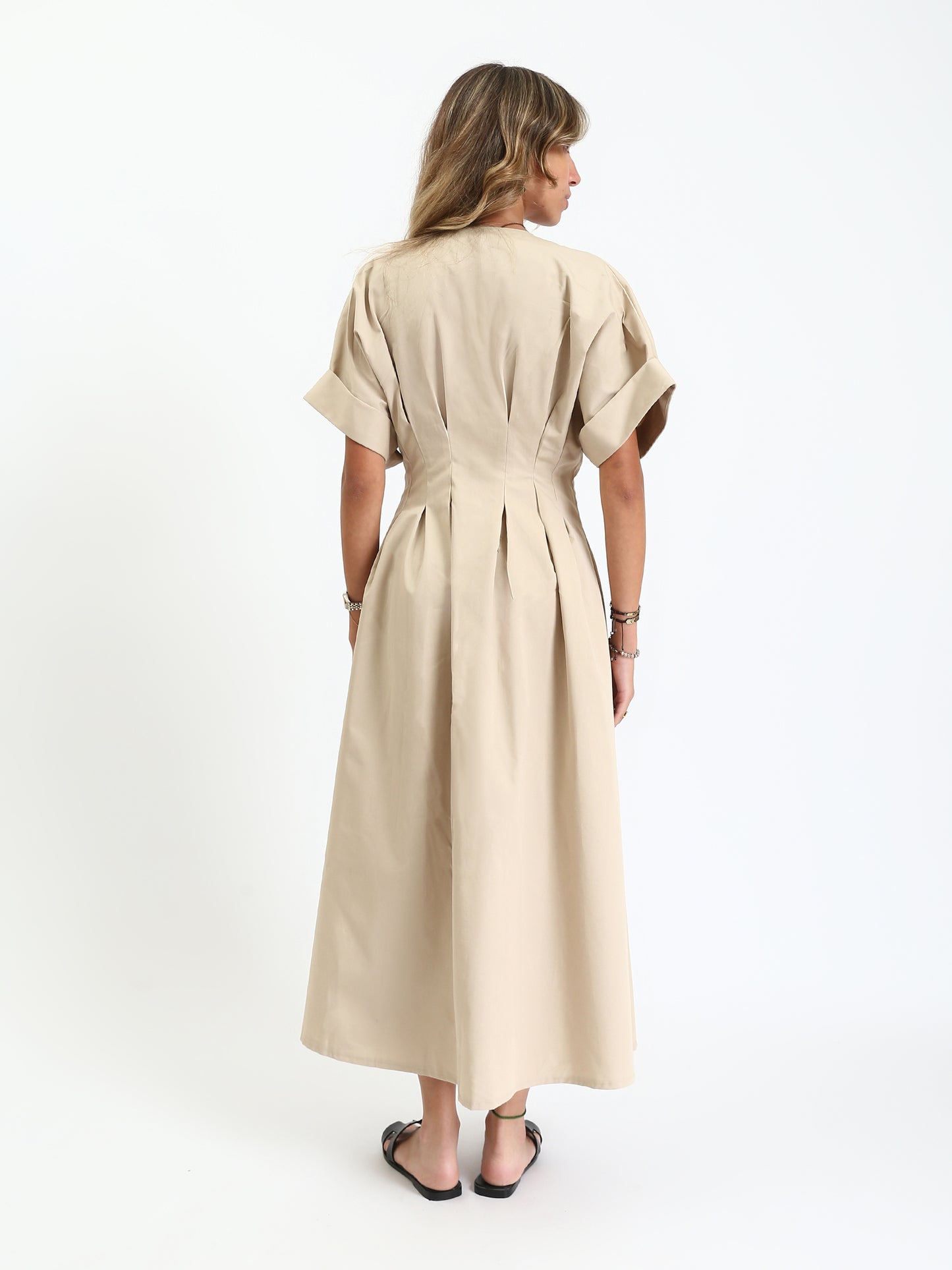 Gabardine Waist-Pleated Button-Down Midi Dress - Beige