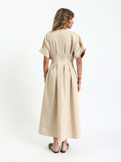 Gabardine Waist-Pleated Button-Down Midi Dress - Beige