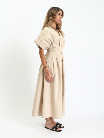 Gabardine Waist-Pleated Button-Down Midi Dress - Beige