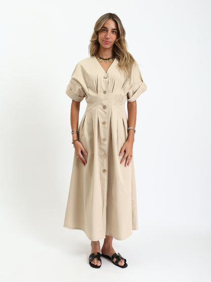Gabardine Waist-Pleated Button-Down Midi Dress - Beige
