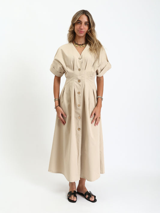 Gabardine Waist-Pleated Button-Down Midi Dress - Beige