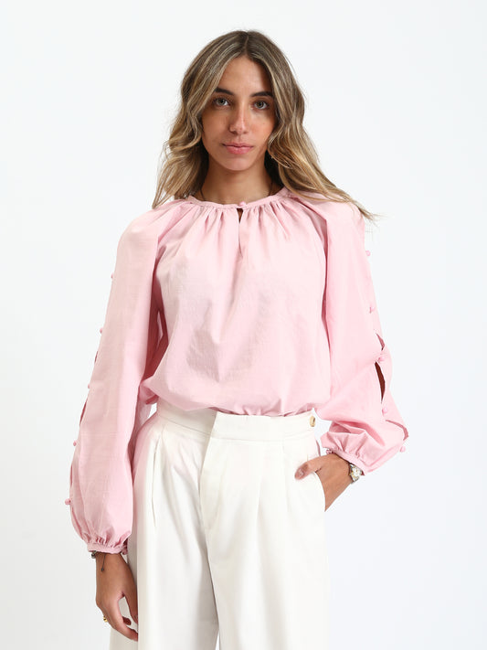 Poplin Elegant Balloon-Sleeve Blouse - Pink