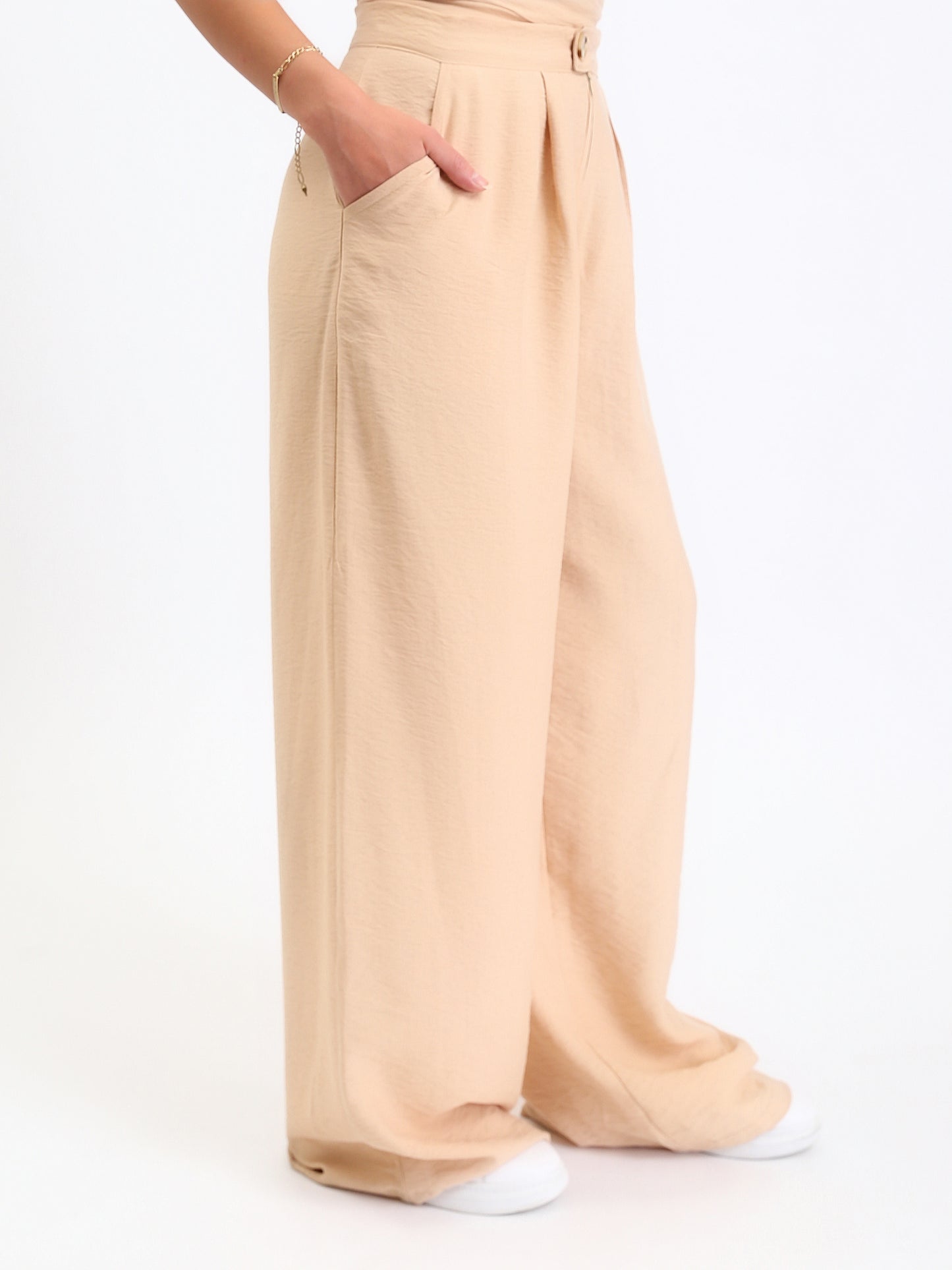 Linen Textured Wide Leg Pants - Beige