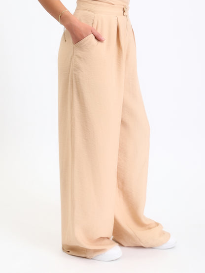 Linen Textured Wide Leg Pants - Beige
