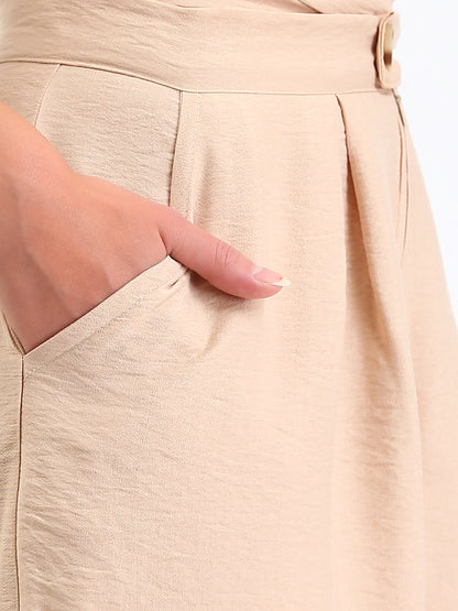 Linen Textured Wide Leg Pants - Beige