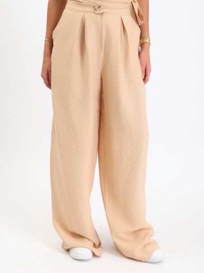 Linen Textured Wide Leg Pants - Beige