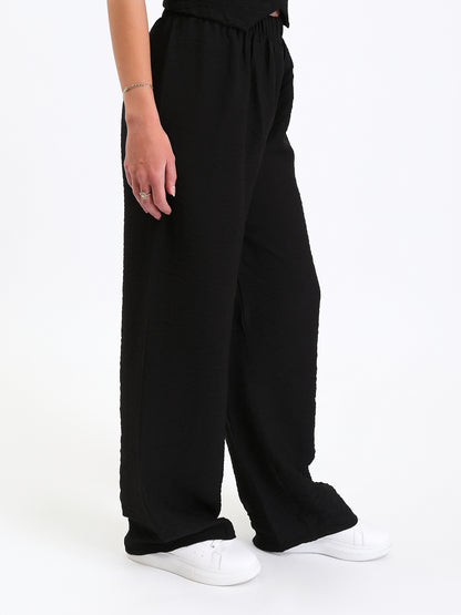 Linen Wrap Front Top & Wide Leg Pants - Black