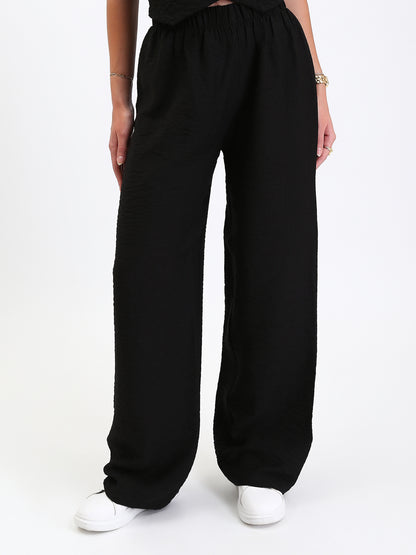 Linen Wrap Front Top & Wide Leg Pants - Black