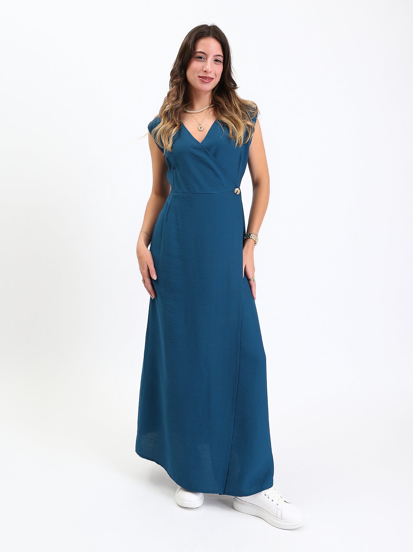 Linen Wide V-Neck Maxi Dress with Front Slit - Navy Teal