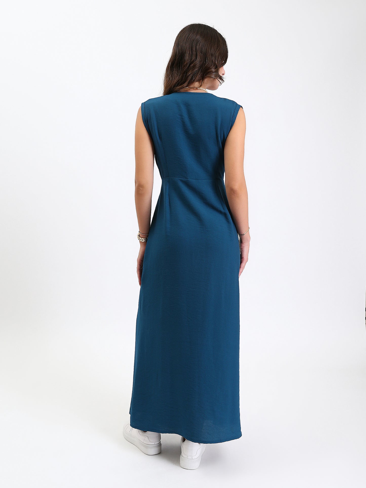Linen Wide V-Neck Maxi Dress with Front Slit - Navy Teal