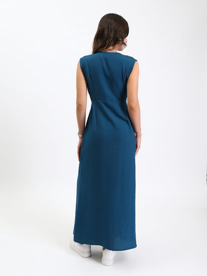 Linen Wide V-Neck Maxi Dress with Front Slit - Navy Teal