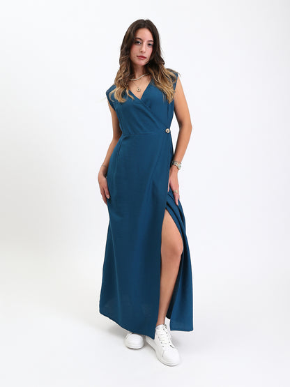 Linen Wide V-Neck Maxi Dress with Front Slit - Navy Teal