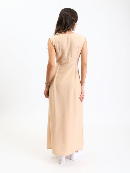 Linen Wide V-Neck Maxi Dress with Front Slit - Beige