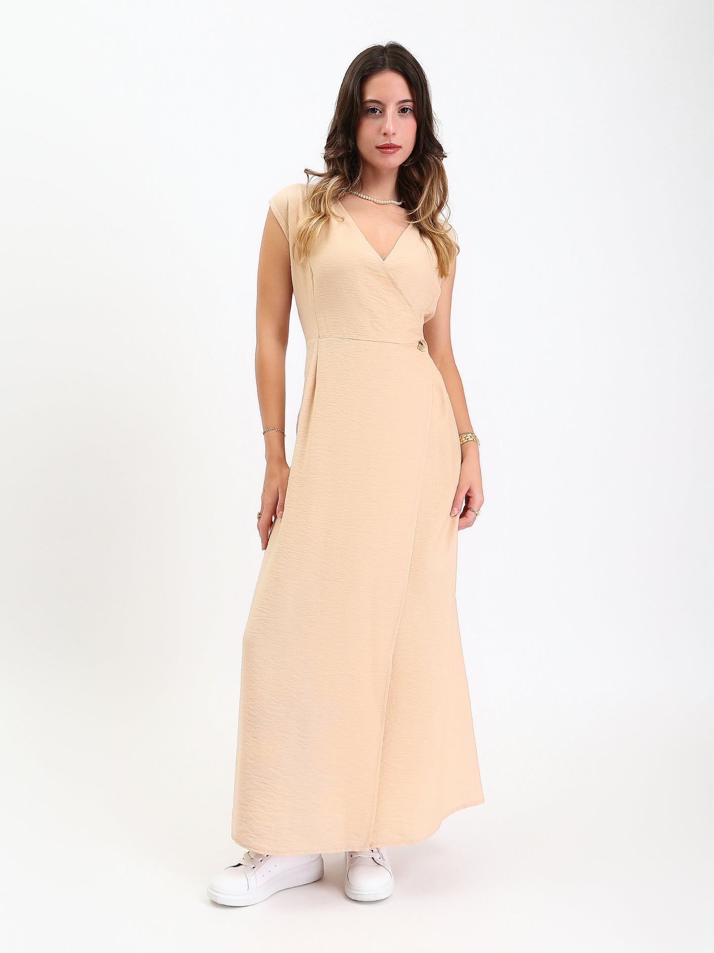 Linen Wide V-Neck Maxi Dress with Front Slit - Beige