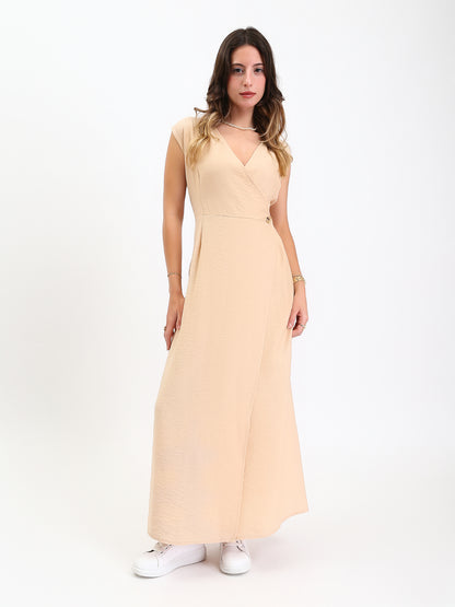 Linen Wide V-Neck Maxi Dress with Front Slit - Beige