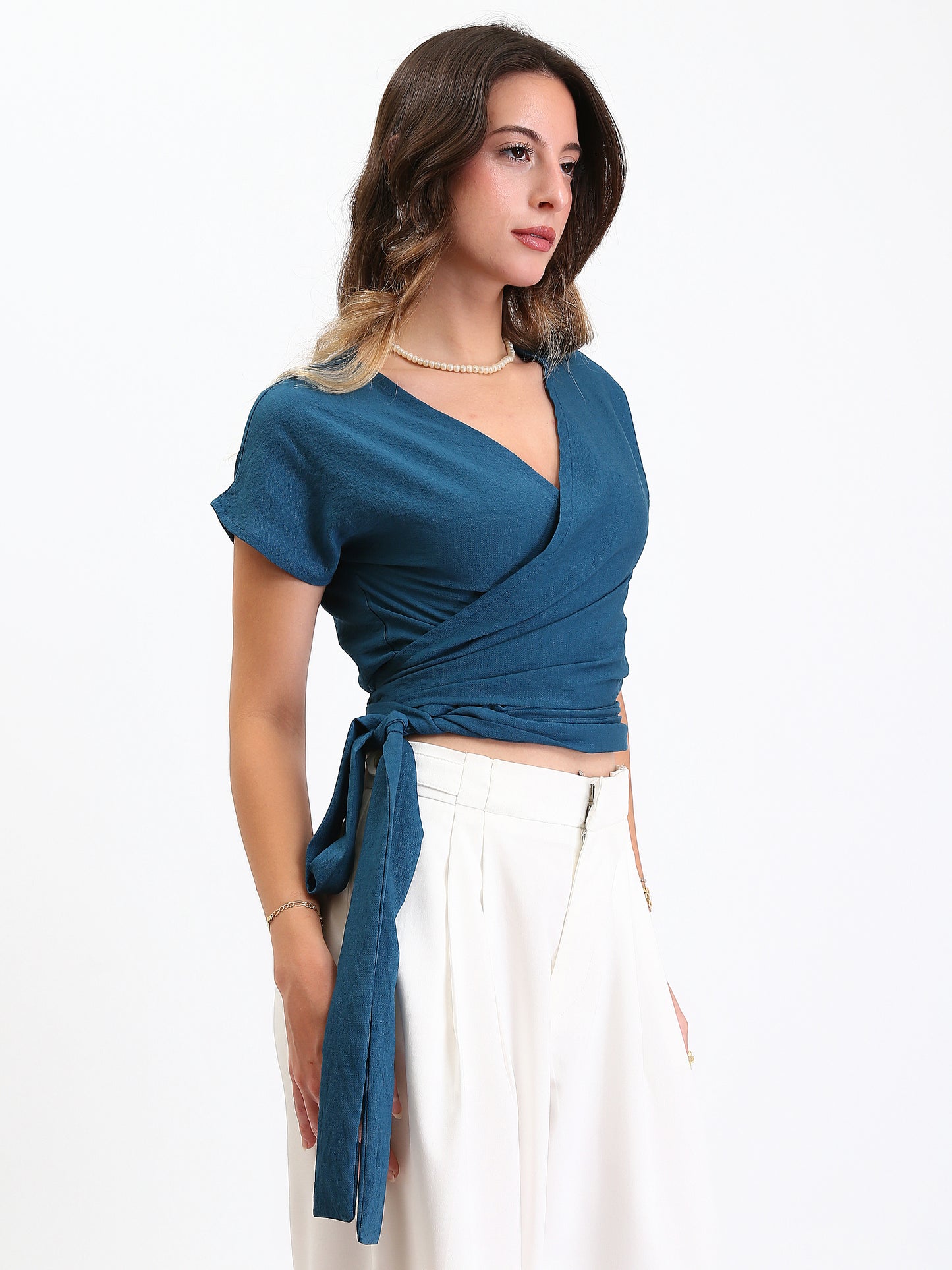 Linen Wrap-Front Top - French Blue