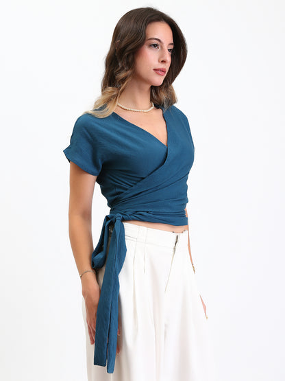 Linen Wrap-Front Top - French Blue