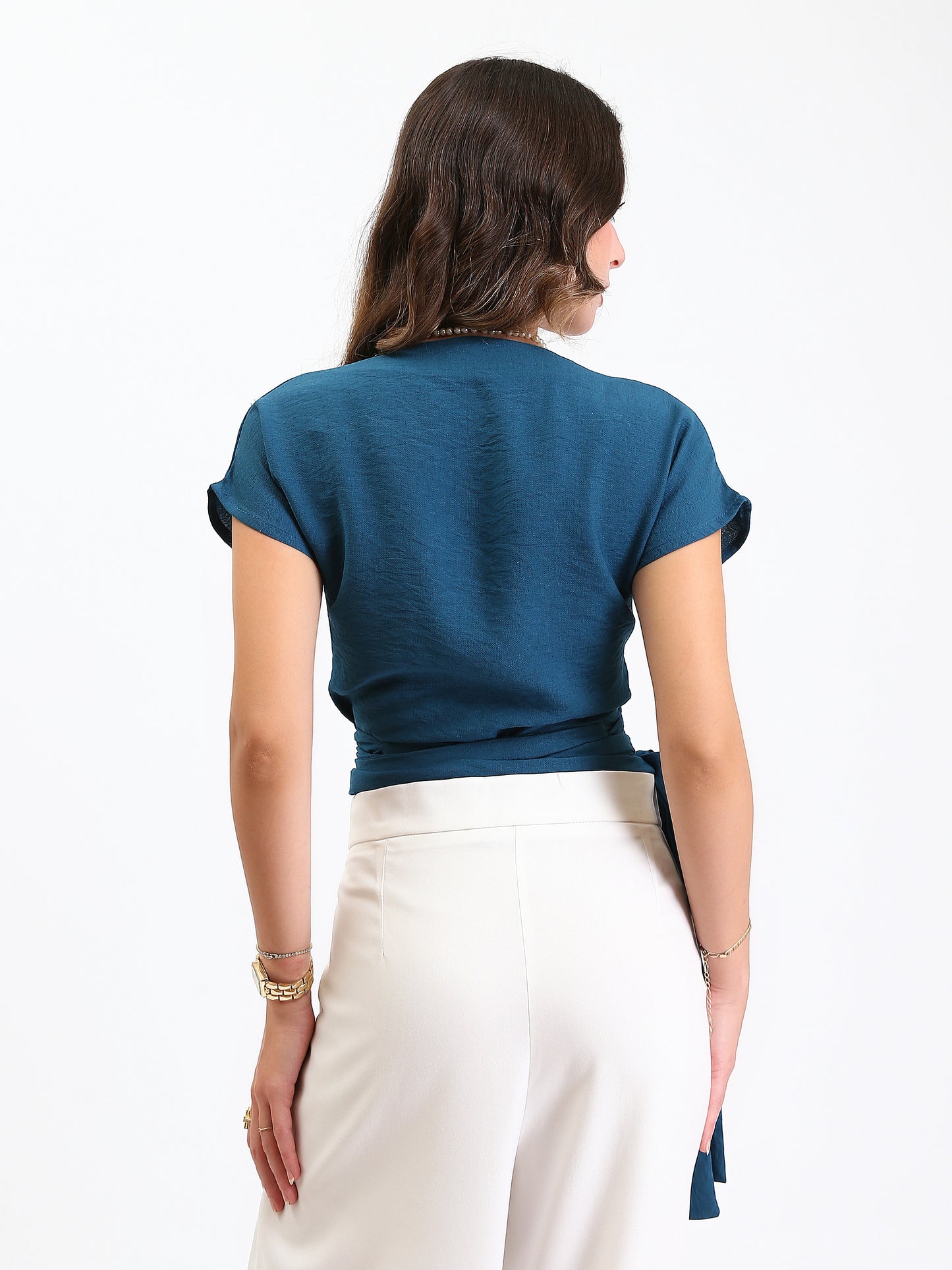 Linen Wrap-Front Top - French Blue