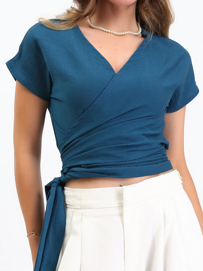 Linen Wrap-Front Top - French Blue