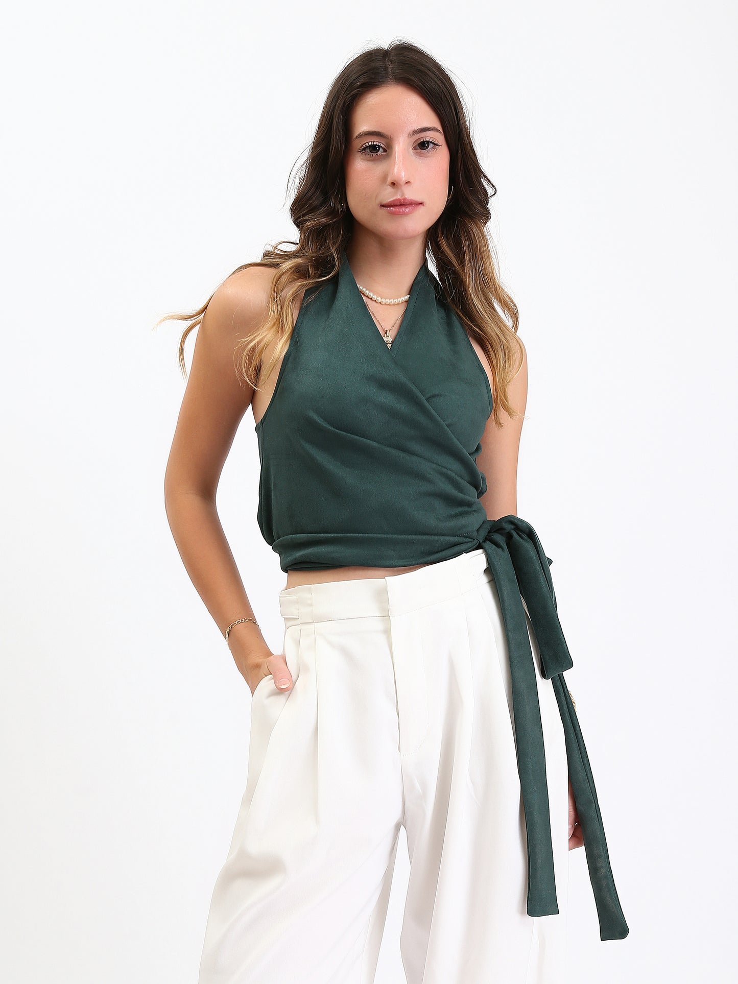 Suede Backless Wrap Halter Top - Green