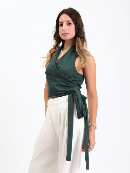 Suede Backless Wrap Halter Top - Green
