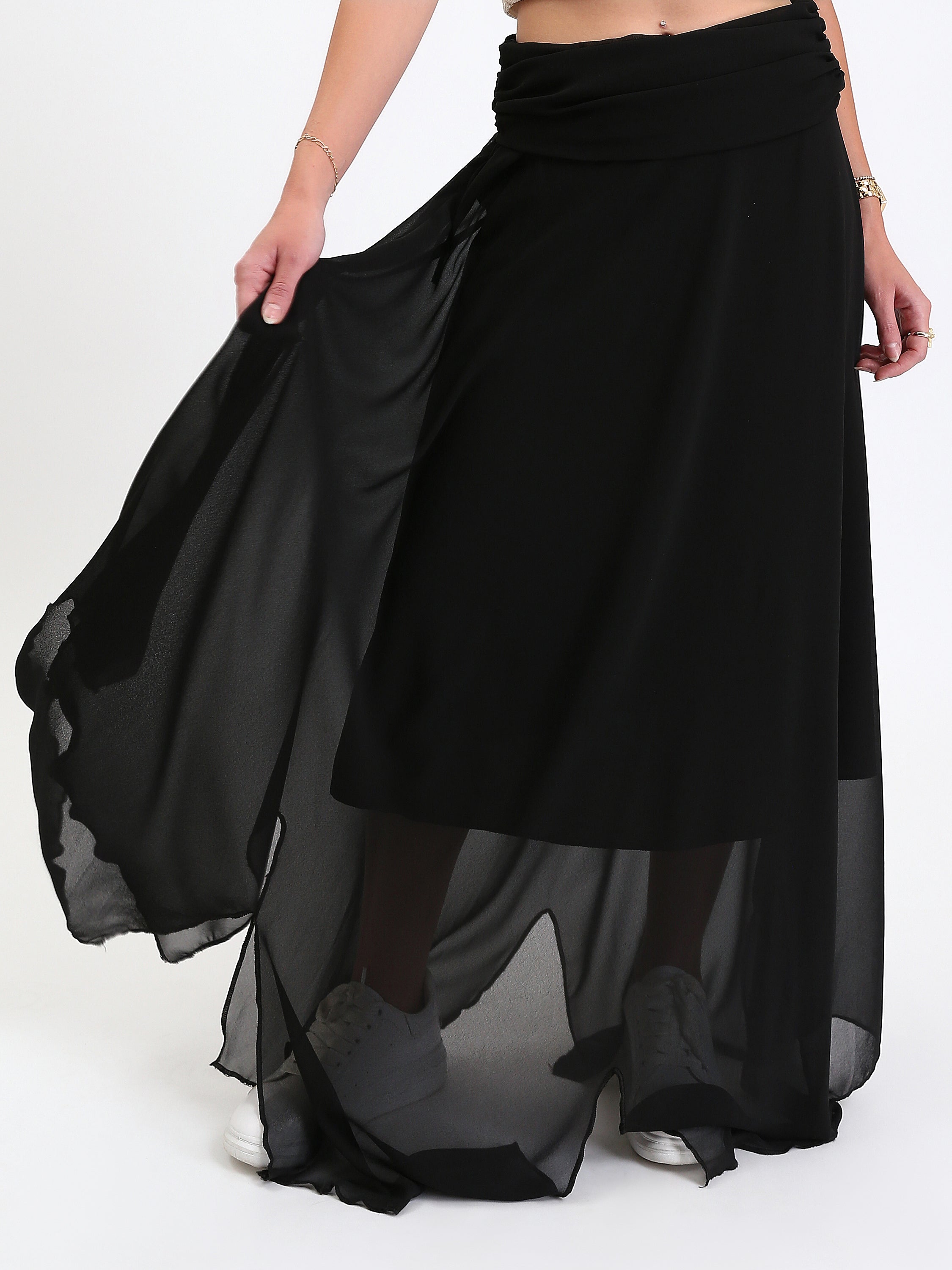 Chiffon Wide Waist Slip On Maxi Skirt - Black