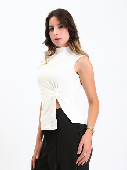 Cotton Mock Neck with Twist Knot Top - White