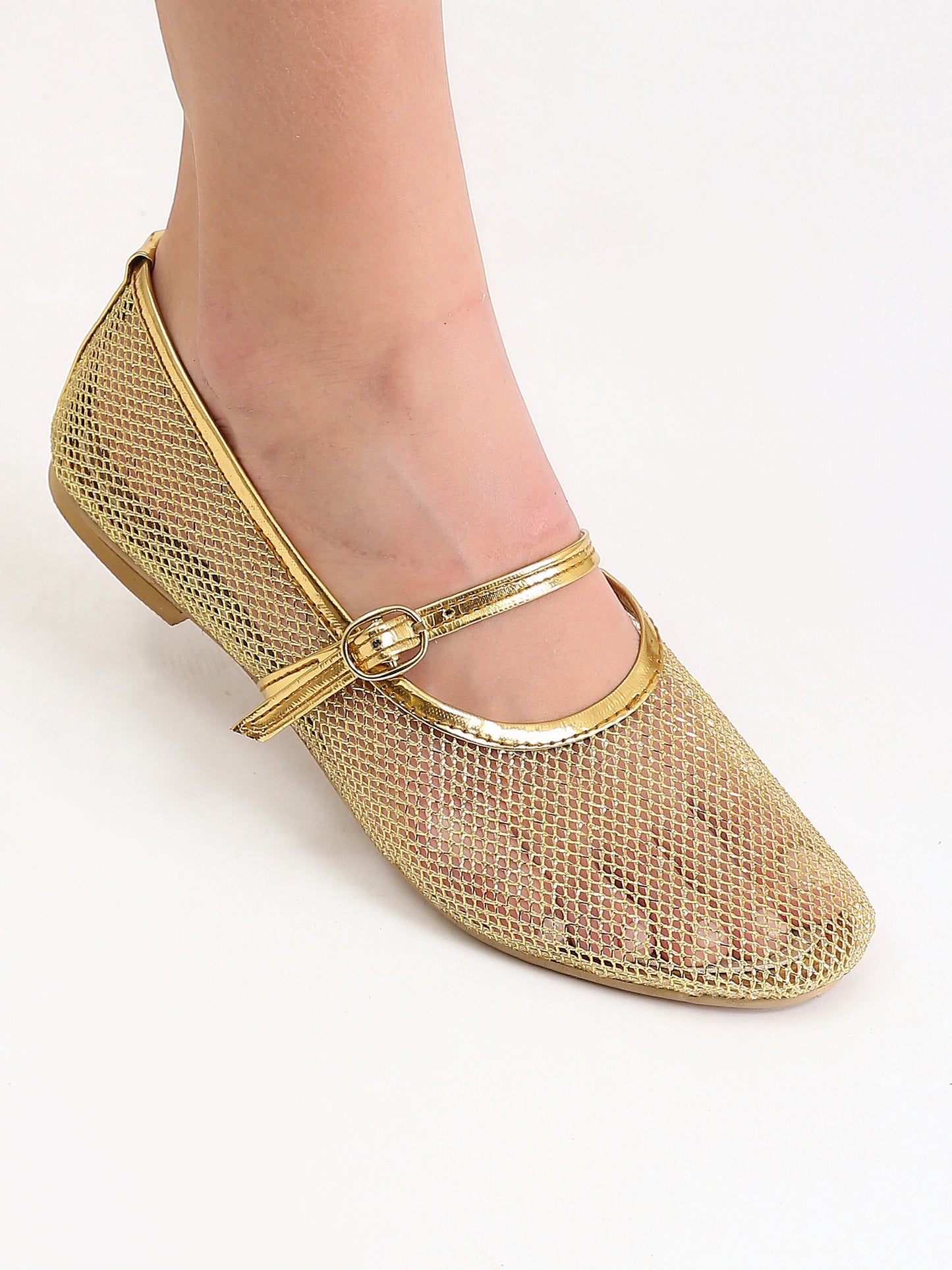 Perforated Round Toe Summer Flats - Gold