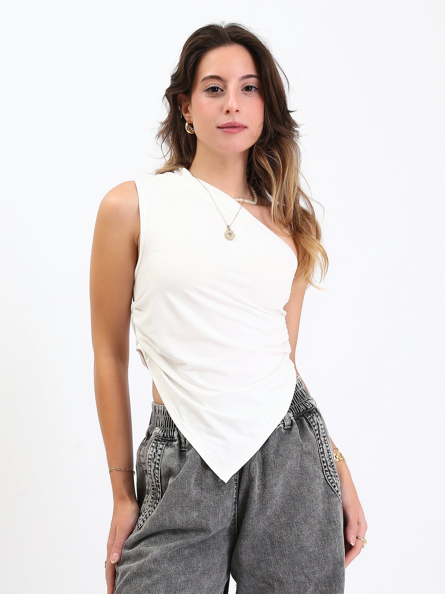 Cotton One Shoulder Asymmetric Top - White