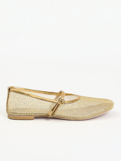 Perforated Round Toe Summer Flats - Gold