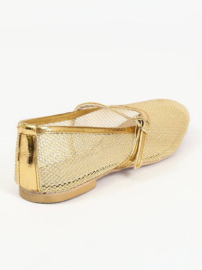 Perforated Round Toe Summer Flats - Gold