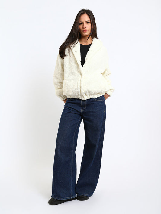Teddy Fur Plain Snap-Button Jacket – White