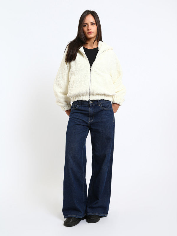 Teddy Fur Plain Hooded Jacket – White