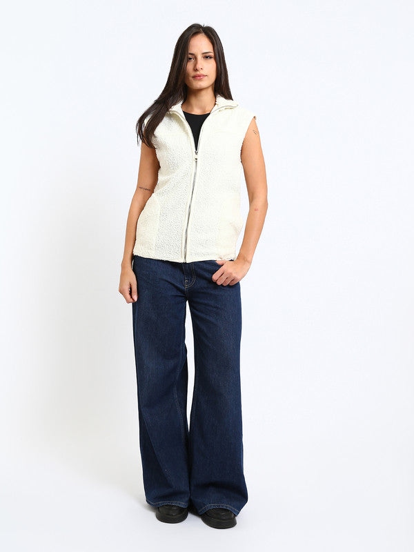 Teddy Fur Plain Zipped Vest – White