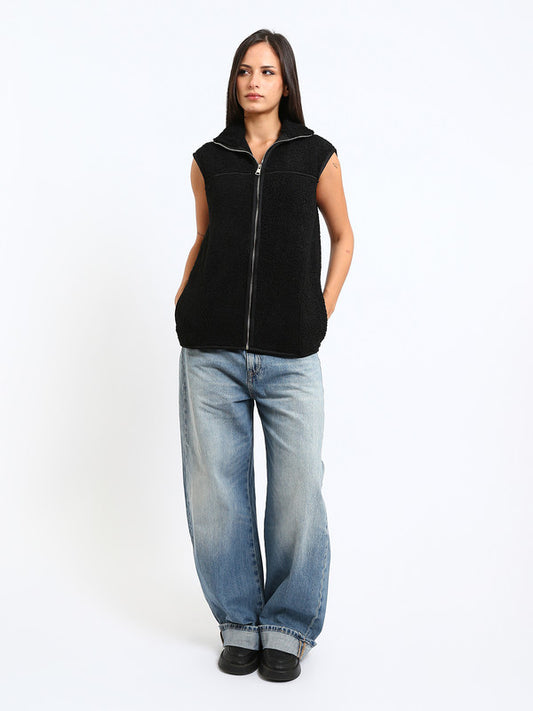 Teddy Fur Plain Zipped Vest – Black