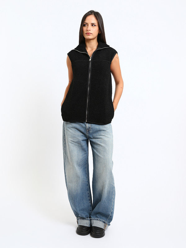 Teddy Fur Plain Zipped Vest – Black