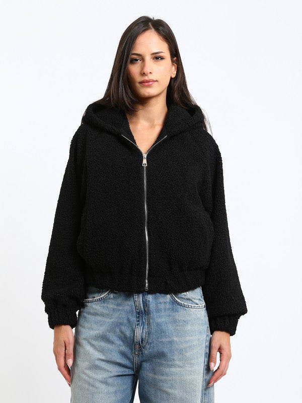 Teddy Fur Plain Hooded Jacket – Black