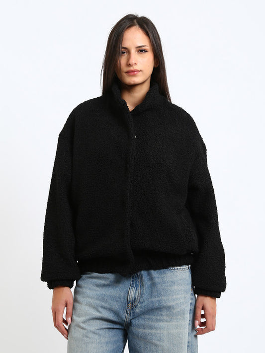 Teddy Fur Plain Snap-Button Jacket – Black