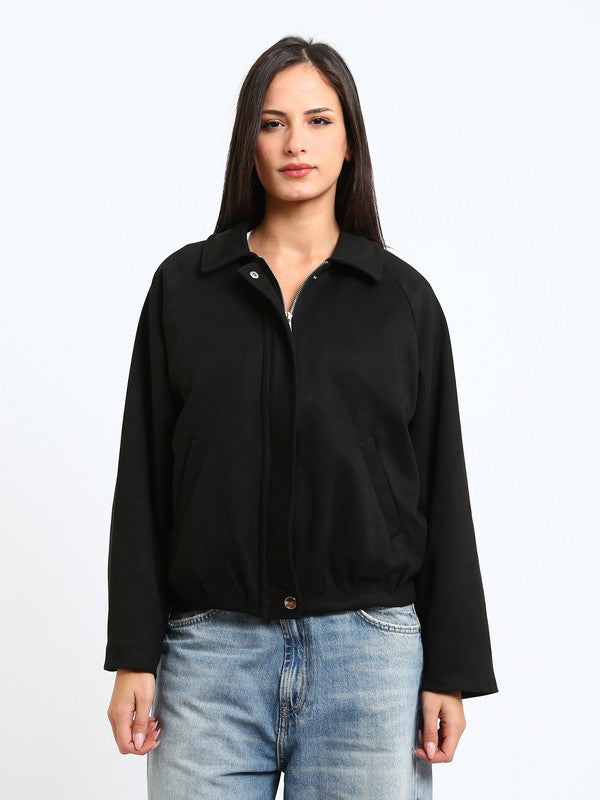 Suede Plain Zipped Jacket – Black