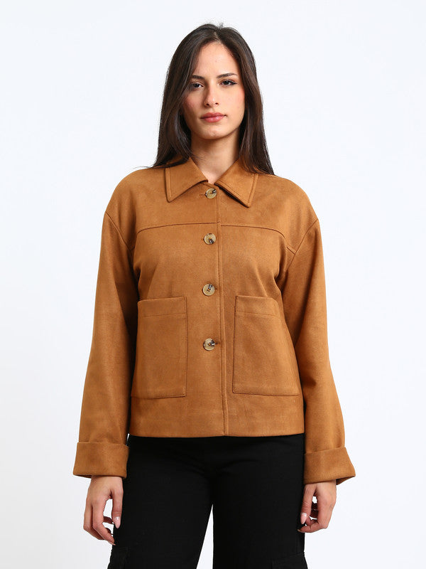 Suede Plain Button-Up Jacket – Camel
