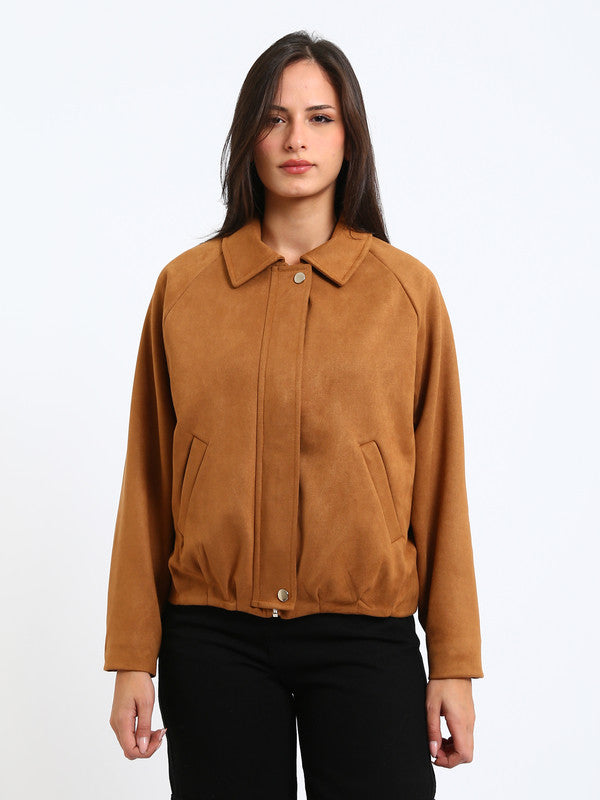 Suede Plain Zipped Jacket – Camel