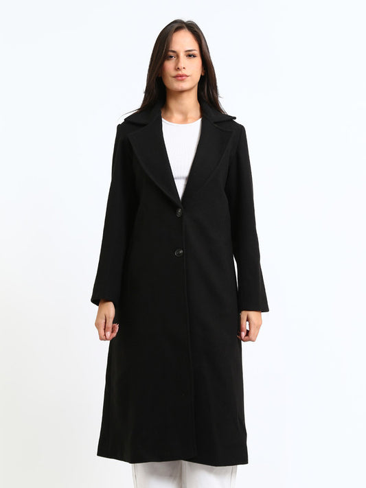Wool Blend Plain Two Button Long Coat – Black