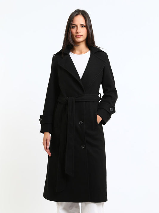 Wool Blend Plain Belted Trench Coat – Black