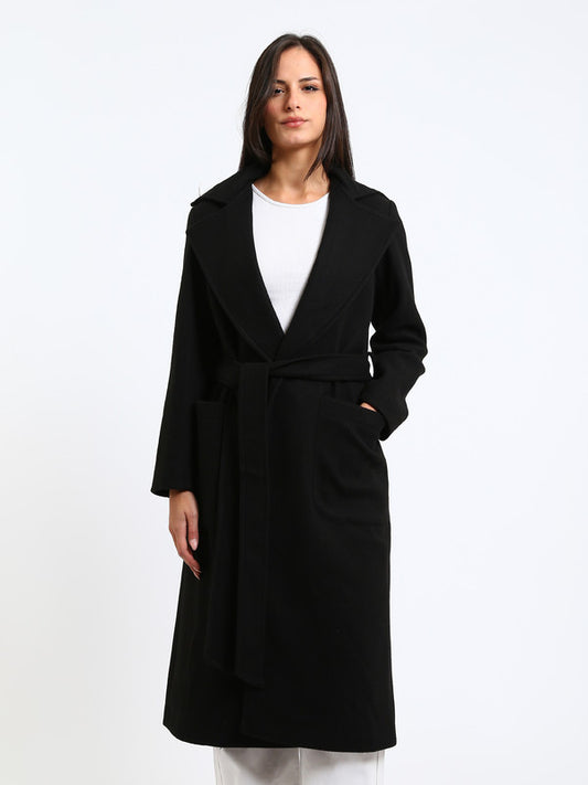 Wool Blend Plain Belted Long Coat – Black