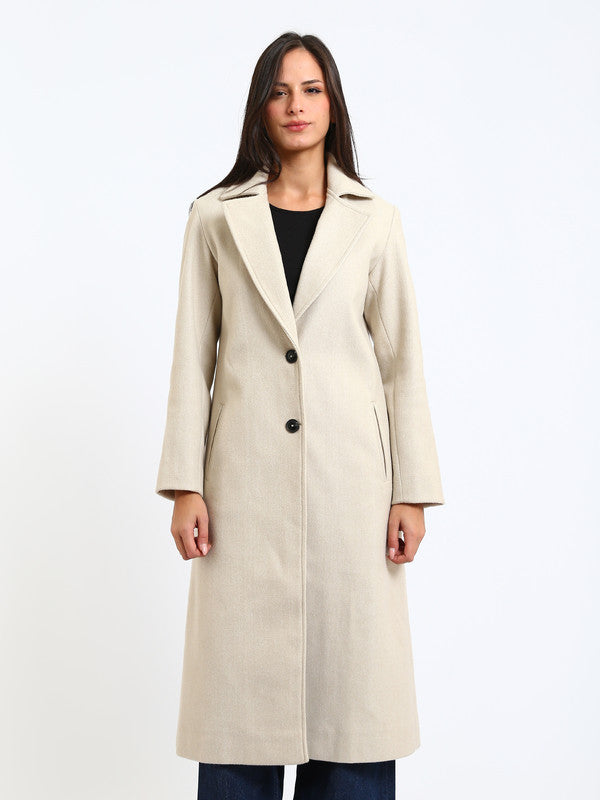Wool Blend Felt Plain Two Button Long Coat – Greige