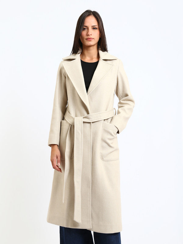 Wool Blend Felt Plain Belted Long Coat – Greige