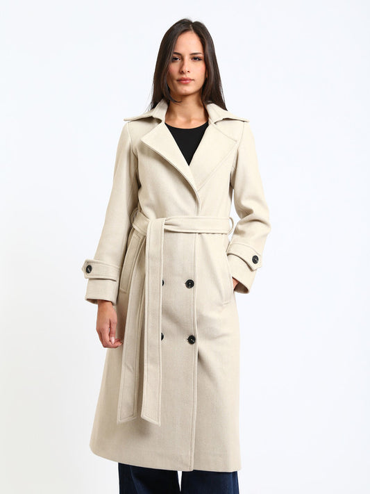 Wool Blend Plain Belted Trench Coat – Greige
